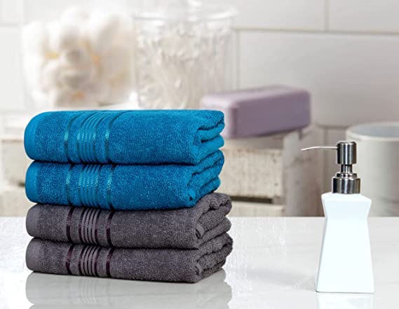100% Cotton 4 Piece Hand Towel Set, 380 GSM Super Absorbency & Ultrasoft (40x60cm.) (Grey & Teal)