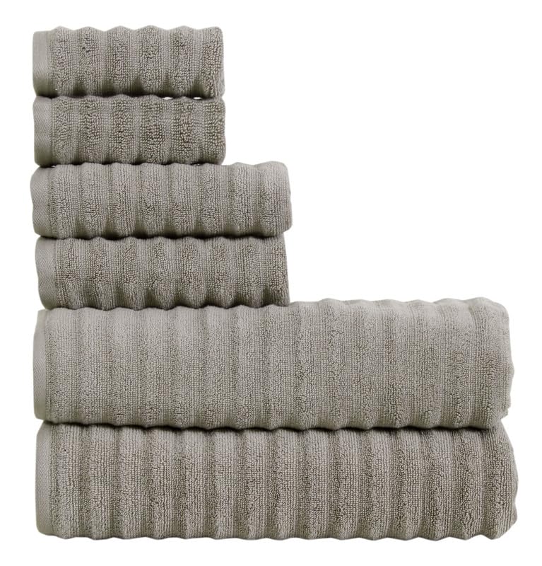 500 GSM 6 Pcs Towel Set-2 Bath +2 Hand+2 Face Towel Set 100% Soft Cotton Long Staple Fibers Ruffle Waves Quick Absorbent Towel for Men/Women -Mud Beige