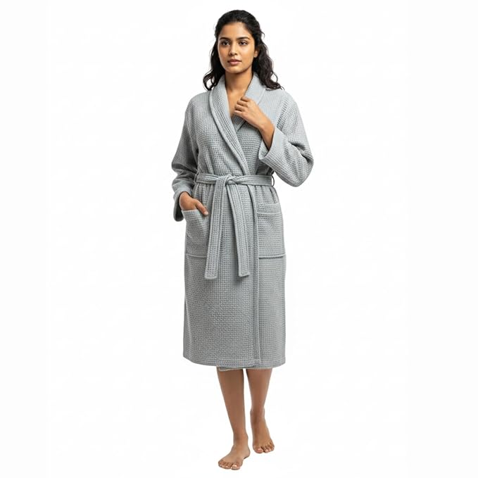 Fash Home-Unisex Bathrobe-Waffle design at Top & Soft TerryTowel inside for quick absorbancy and softness -100% Soft Cotton |Full Size | Perfect for Royal Elite Class Men/Women/Couples (Natural Grey)