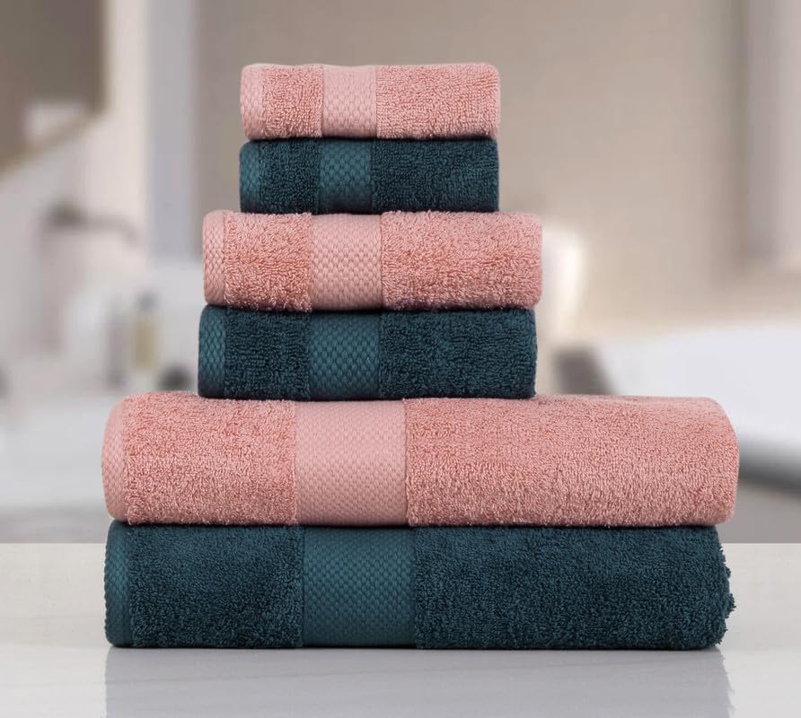 Micro Twist Towel 600 GSM 6 Pcs Towel Set 2 Bath +2 Hand+2 Face-Peacock Blue-Pastel Peach