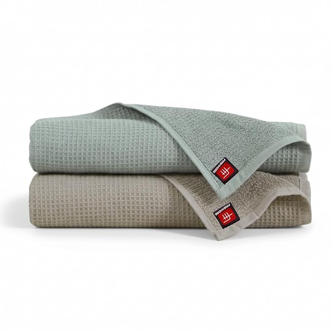 Fash Home Waffle Terry Fusion 2pc Bath Towel-75X150cm Full Large Size 100% Soft Cotton Super Luxurious | Quick Absorbent | Only for Premium Royal Elite Class Men/Women/Couples-CamelBeige+NaturalGrey