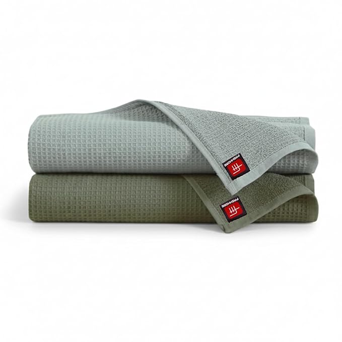 Fash Home Waffle Terry Fusion 2pc Bath Towel-75X150cm Full Large Size 100% Soft Cotton Super Luxurious | Quick Absorbent | Only for Premium Royal Elite Class Men/Women/Couples-OliveGreen+NaturalGrey