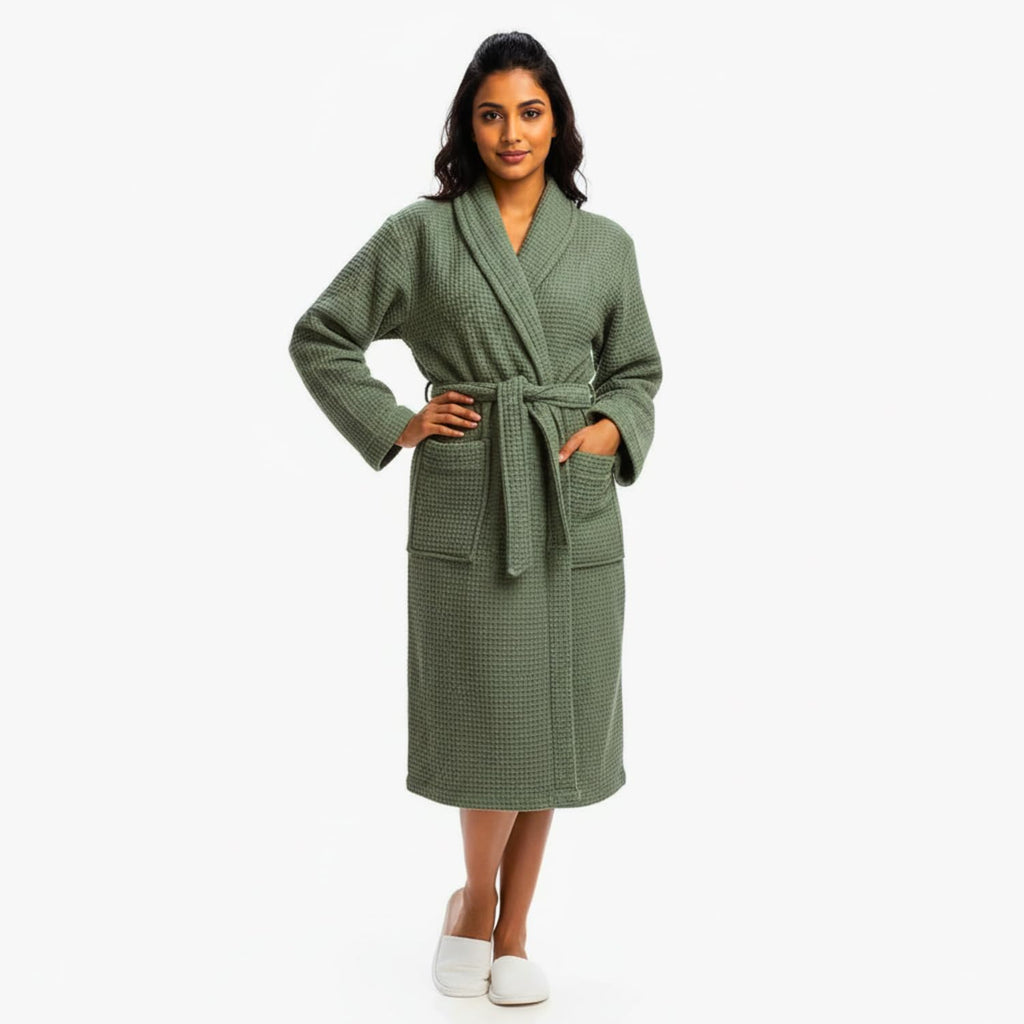 Fash Home-Unisex Bathrobe-Waffle design at Top & Soft TerryTowel inside for quick absorbancy and softness -100% Soft Cotton |Full Size | Perfect for Royal Elite Class Men/Women/Couples (Olive Green)