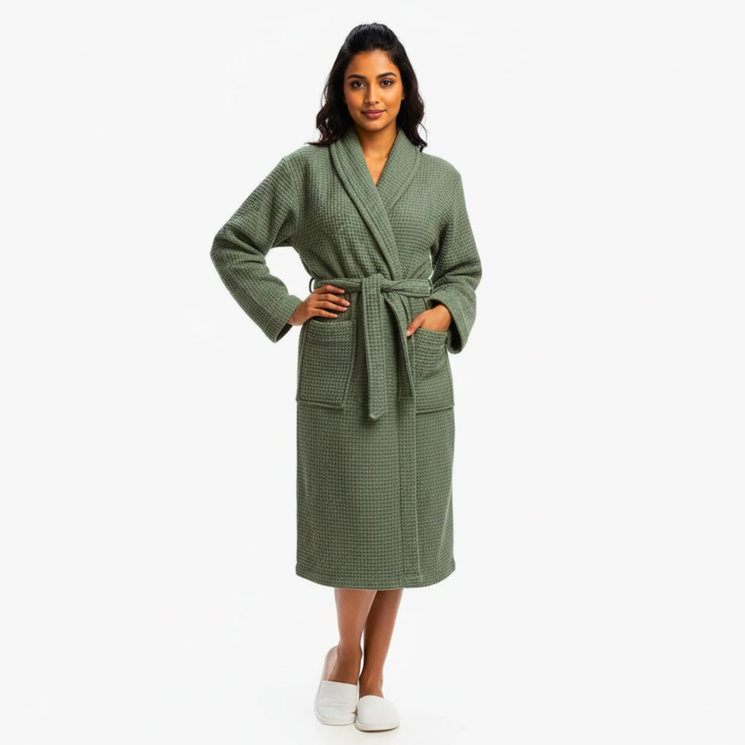 Fash Home-Unisex Bathrobe-Waffle design at Top & Soft TerryTowel inside for quick absorbancy and softness -100% Soft Cotton |Full Size | Perfect for Royal Elite Class Men/Women/Couples (Olive Green)