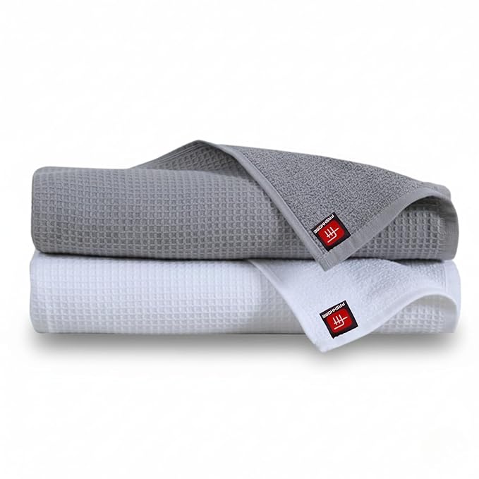 Fash Home Waffle Terry Fusion 2pc Bath Towel-75X150cm Full Large Size 100% Soft Cotton Super Luxurious | Quick Absorbent | Only for Premium Royal Elite Class Men/Women/Couples-White&Grey
