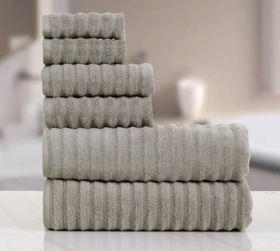500 GSM 6 Pcs Towel Set-2 Bath +2 Hand+2 Face Towel Set 100% Soft Cotton Long Staple Fibers Ruffle Waves Quick Absorbent Towel for Men/Women -Mud Beige