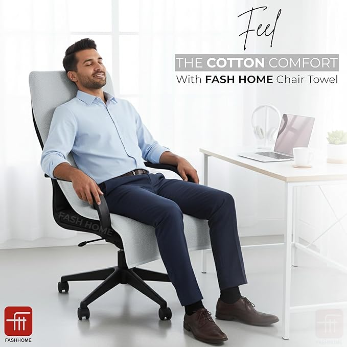 FASH Home Office Chair Towel | Luxury Car Seat Towel Cover | 100% Superfine Cotton | 550 GSM Large Size with Tie Knot | Silver White | Pack of 4