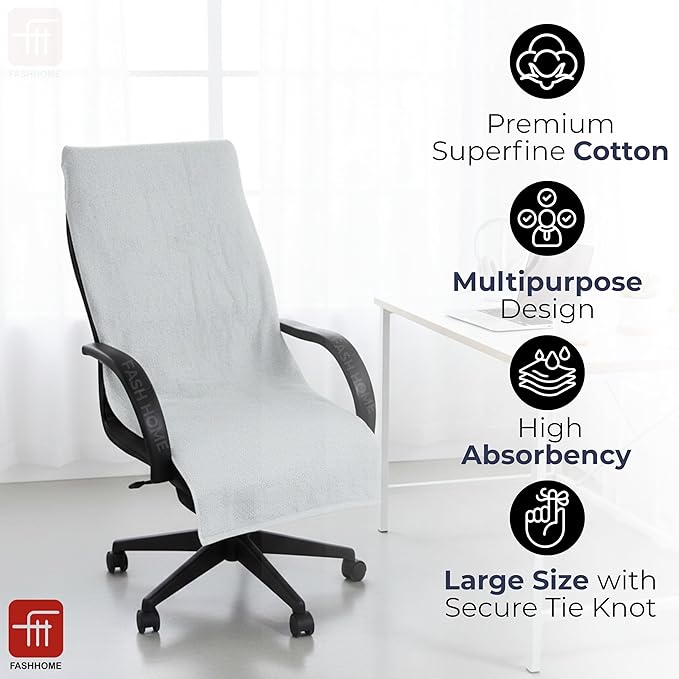 FASH Home Office Chair Towel | Luxury Car Seat Towel Cover | 100% Superfine Cotton | 550 GSM Large Size with Tie Knot | Silver White | Pack of 4