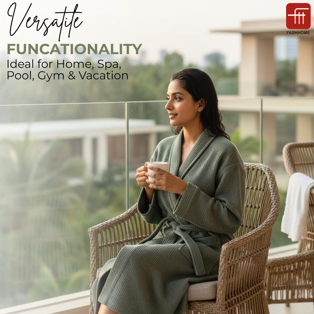 Fash Home-Unisex Bathrobe-Waffle design at Top & Soft TerryTowel inside for quick absorbancy and softness -100% Soft Cotton |Full Size | Perfect for Royal Elite Class Men/Women/Couples (Olive Green)