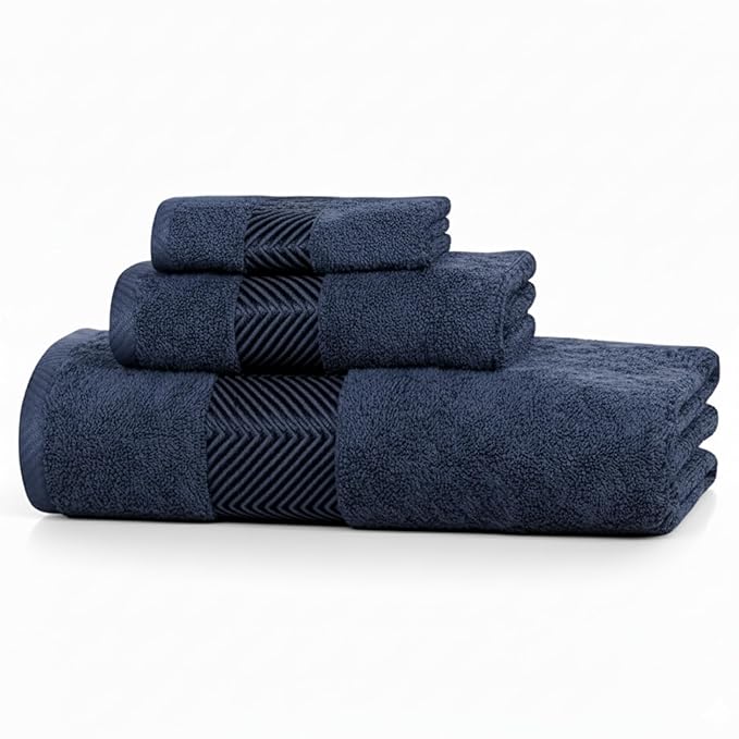 FASH HOME INTERNATIONAL 100% Cotton Super & Soft Towel Collection Set of 3 (Bath + Hand + Hand) 500 GSM Large Size (Navy Blue)