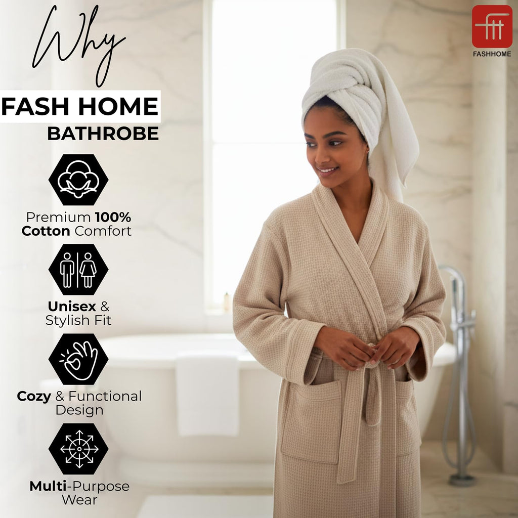 Fash Home-Unisex Bathrobe-Waffle design at Top & Soft TerryTowel inside for quick absorbancy and softness -100% Soft Cotton |Full Size | Perfect for Royal Elite Class Men/Women/Couples (Camel Beige)