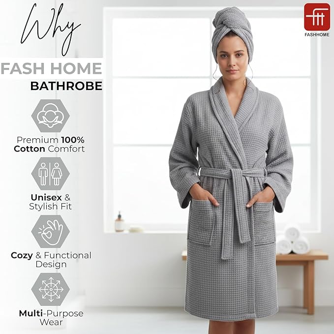 Fash Home-Unisex Bathrobe-Waffle design at Top & Soft TerryTowel inside for quick absorbancy and softness -100% Soft Cotton |Full Size | Perfect for Royal Elite Class Men/Women/Couples (Natural Grey)