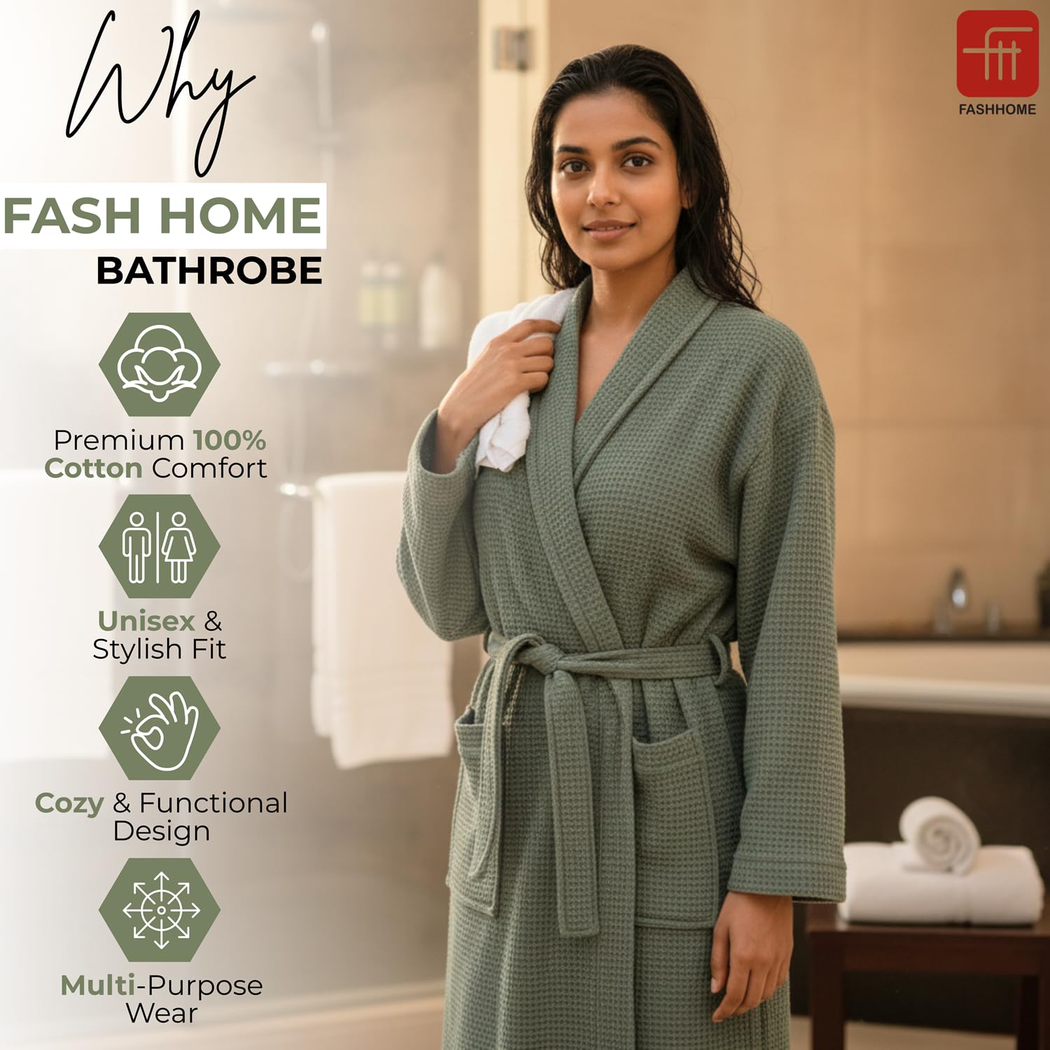 Fash Home-Unisex Bathrobe-Waffle design at Top & Soft TerryTowel inside for quick absorbancy and softness -100% Soft Cotton |Full Size | Perfect for Royal Elite Class Men/Women/Couples (Olive Green)