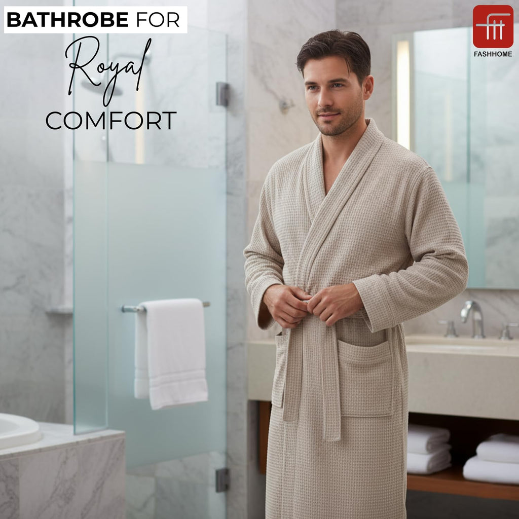 Fash Home-Unisex Bathrobe-Waffle design at Top & Soft TerryTowel inside for quick absorbancy and softness -100% Soft Cotton |Full Size | Perfect for Royal Elite Class Men/Women/Couples (Camel Beige)