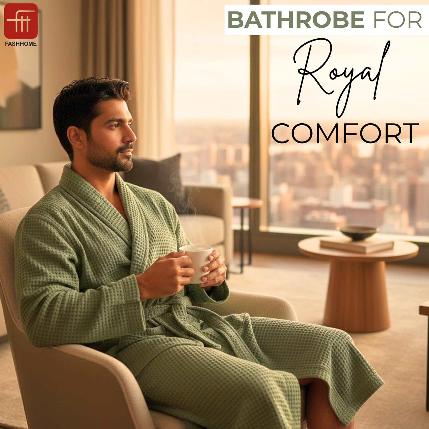 Fash Home-Unisex Bathrobe-Waffle design at Top & Soft TerryTowel inside for quick absorbancy and softness -100% Soft Cotton |Full Size | Perfect for Royal Elite Class Men/Women/Couples (Olive Green)
