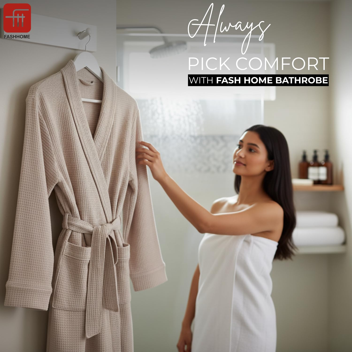 Fash Home-Unisex Bathrobe-Waffle design at Top & Soft TerryTowel inside for quick absorbancy and softness -100% Soft Cotton |Full Size | Perfect for Royal Elite Class Men/Women/Couples (Camel Beige)