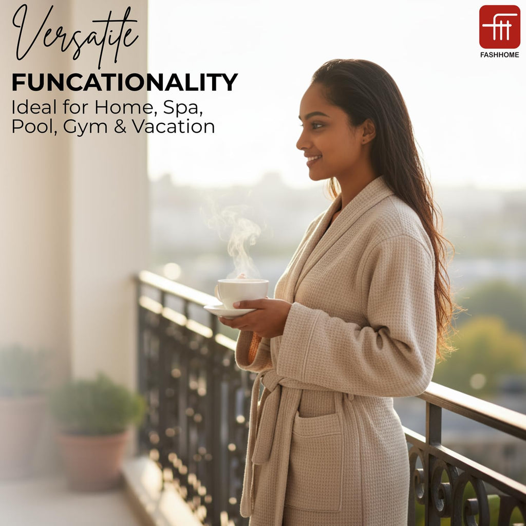 Fash Home-Unisex Bathrobe-Waffle design at Top & Soft TerryTowel inside for quick absorbancy and softness -100% Soft Cotton |Full Size | Perfect for Royal Elite Class Men/Women/Couples (Camel Beige)