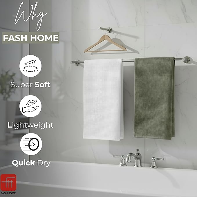 Fash Home Waffle Terry Fusion 2pc Bath Towel-75X150cm Full Large Size 100% Soft Cotton Super Luxurious | Quick Absorbent | Only for Premium Royal Elite Class Men/Women/Couples-OliveGreen+OpticalWhite