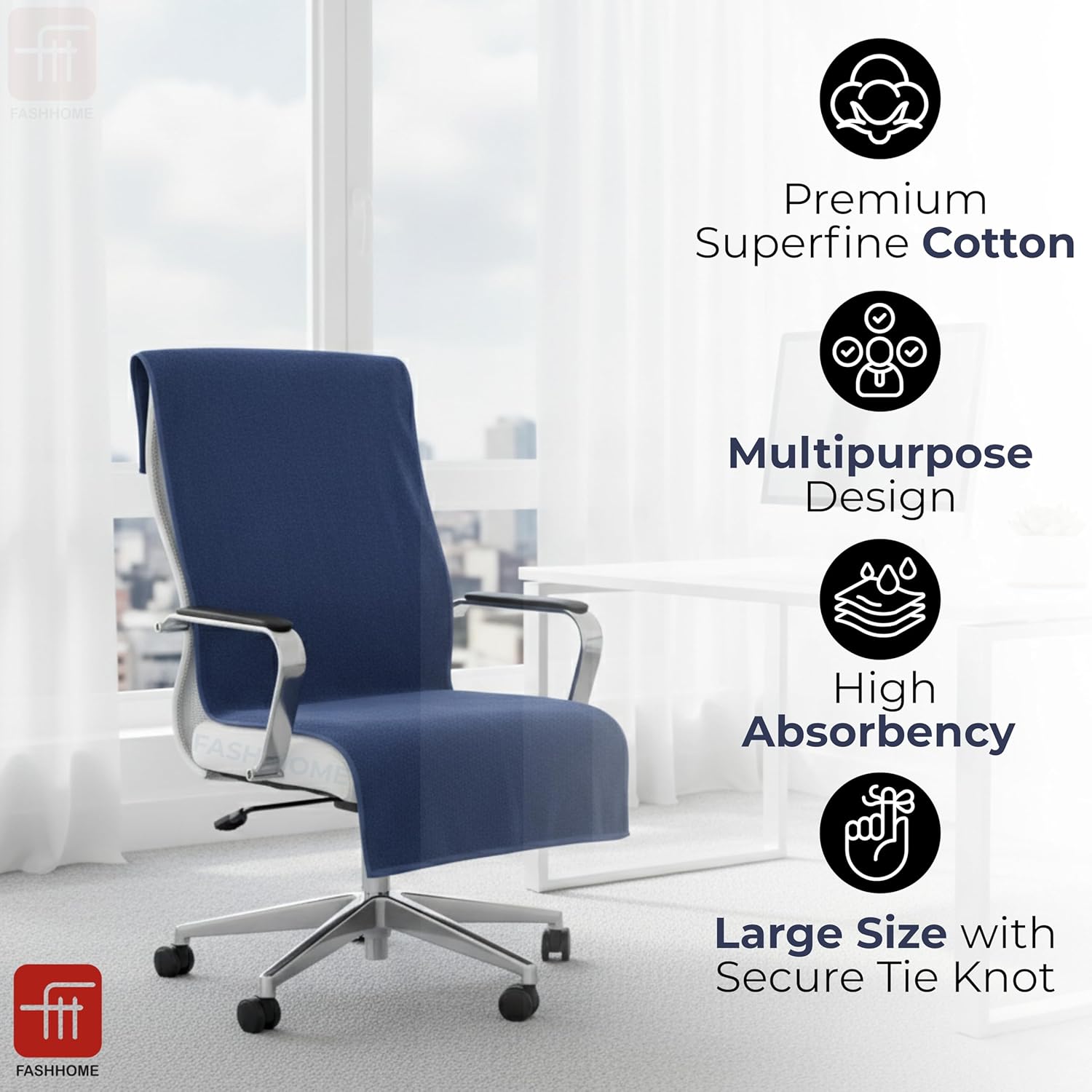 FASH Home Office Chair Towel | Luxury Car Seat Towel Cover | 100% Superfine Cotton | 550 GSM Large Size with Tie Knot | Grey | Pack of 1