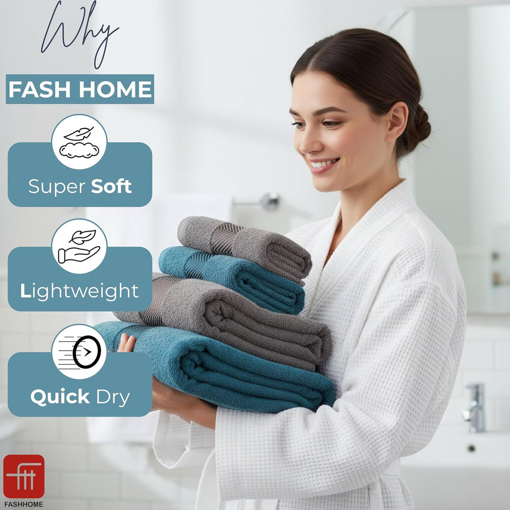 500 GSM 100% Cotton Highly Absorbent Super Luxury Large Couple Bath Towel Set and Hand Towel Set (Grey and Teal) Combo Pack of 2 Each