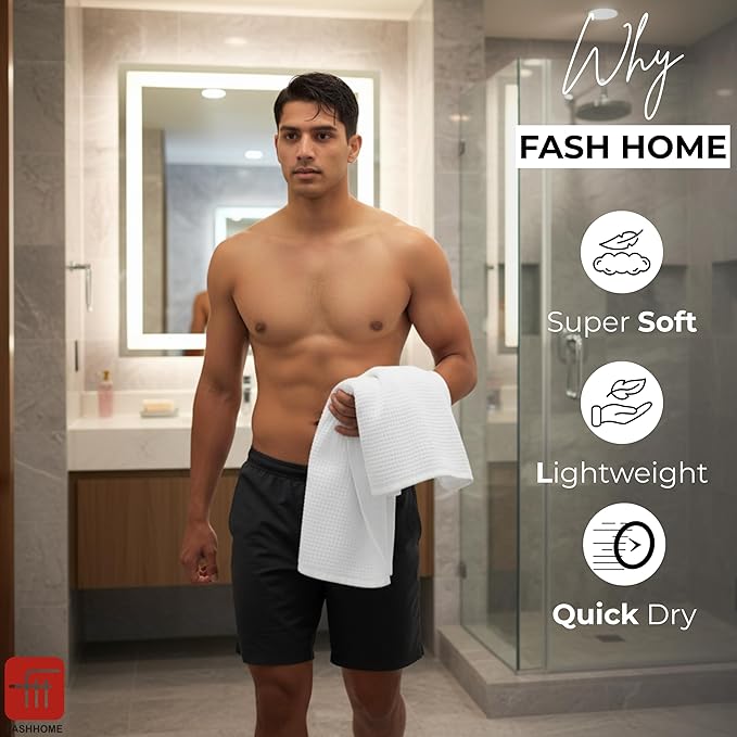 Fash Home Waffle Terry Fusion 2pc Bath Towel-75X150cm Full Large Size 100% Soft Cotton Super Luxurious | Quick Absorbent | Only for Premium Royal Elite Class Men/Women/Couples-White&Grey