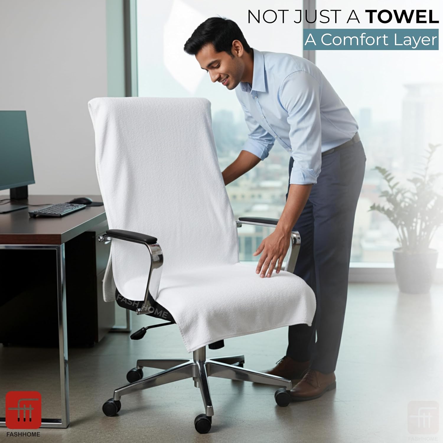 FASH Home Office Chair Towel | Luxury Car Seat Towel Cover | 100% Superfine Cotton | 550 GSM Large Size with Tie Knot | White | Pack of 1