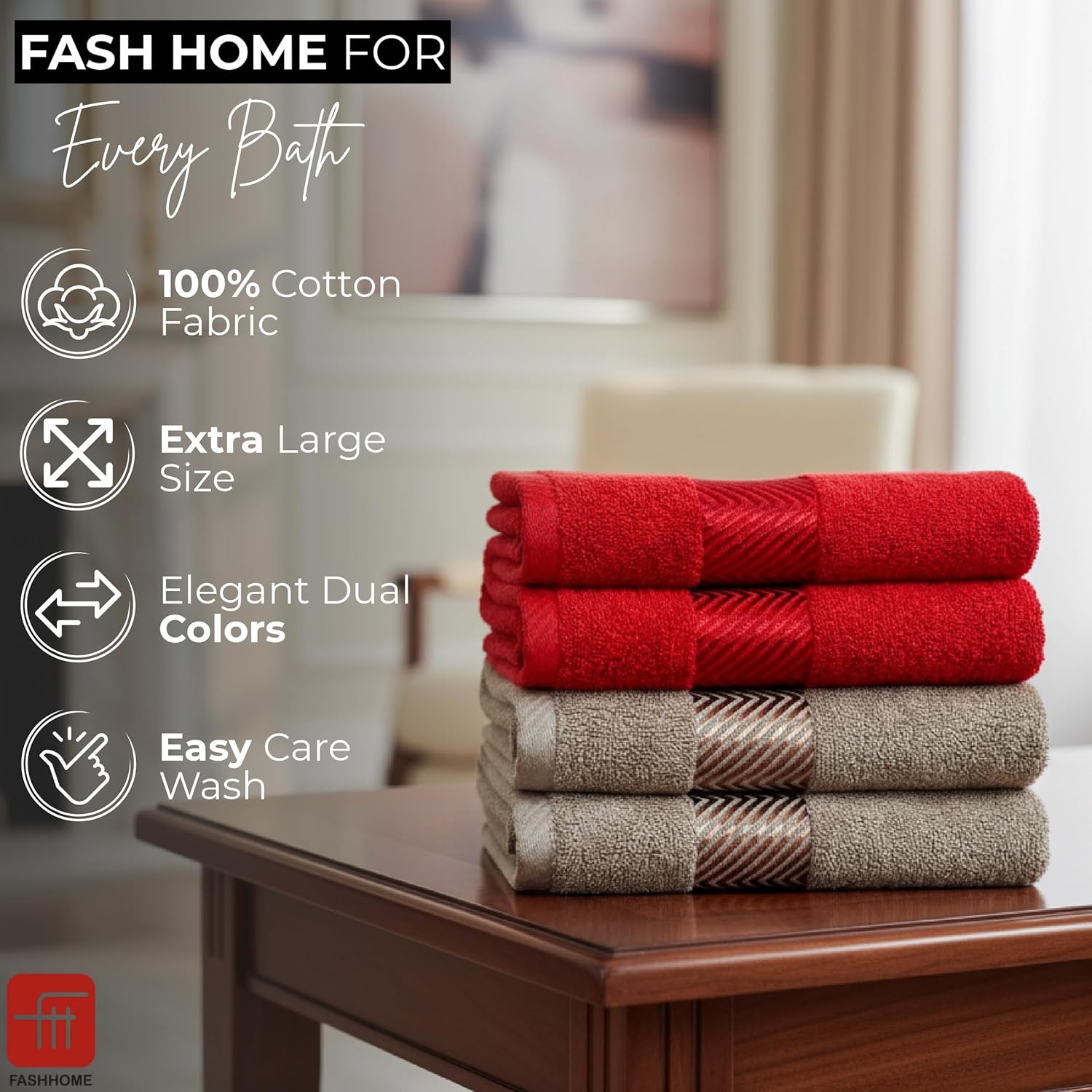 100% Cotton Ultra Soft & Super Absorbent, Antibacterial Hand Towel 500 GSM 40x60 cm. (Chrismas Red & Golden Beige)