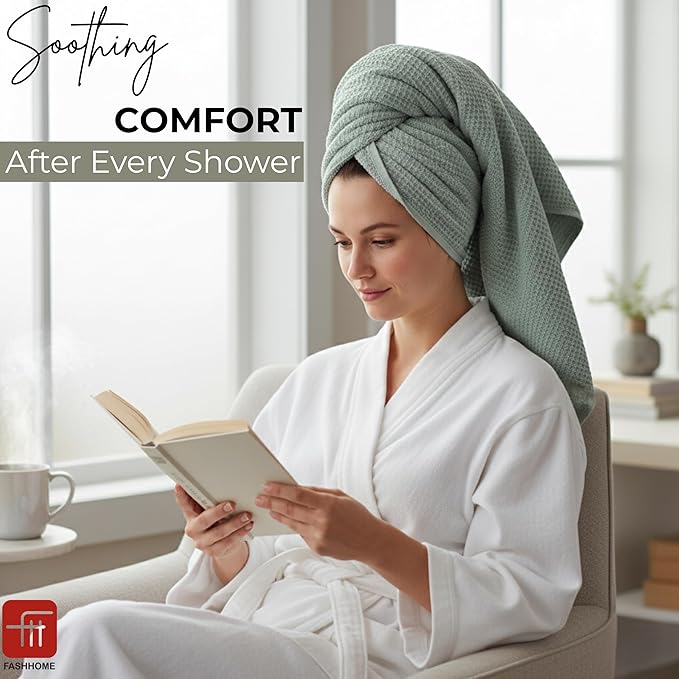 Fash Home Waffle Terry Fusion 2pc Bath Towel-75X150cm Full Large Size 100% Soft Cotton Super Luxurious | Quick Absorbent | Only for Premium Royal Elite Class Men/Women/Couples-OliveGreen+NaturalGrey