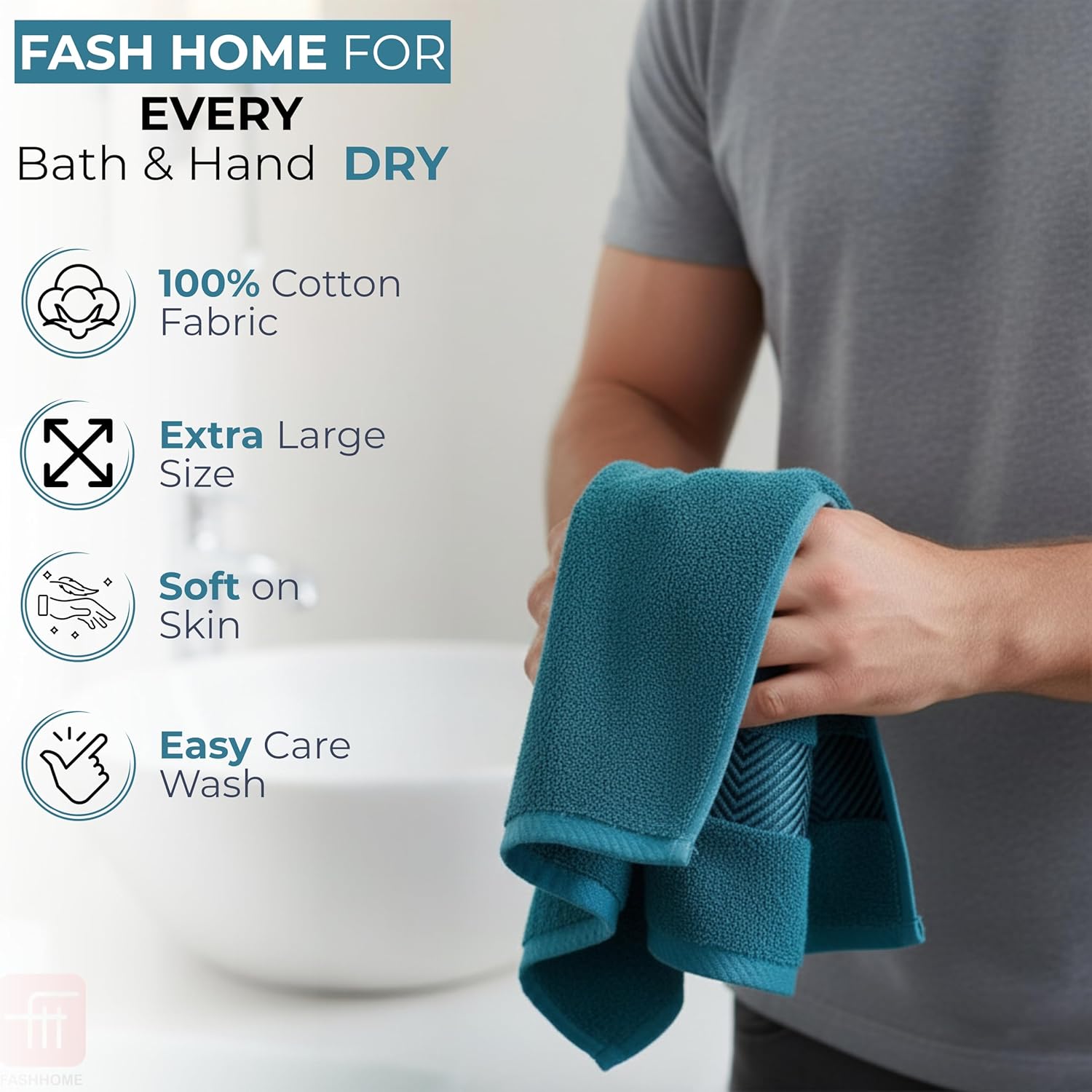 100% Cotton Super & Soft Towel Collection Set of 3 (Bath + Hand + Hand) 500 GSM Large Size (Teal)