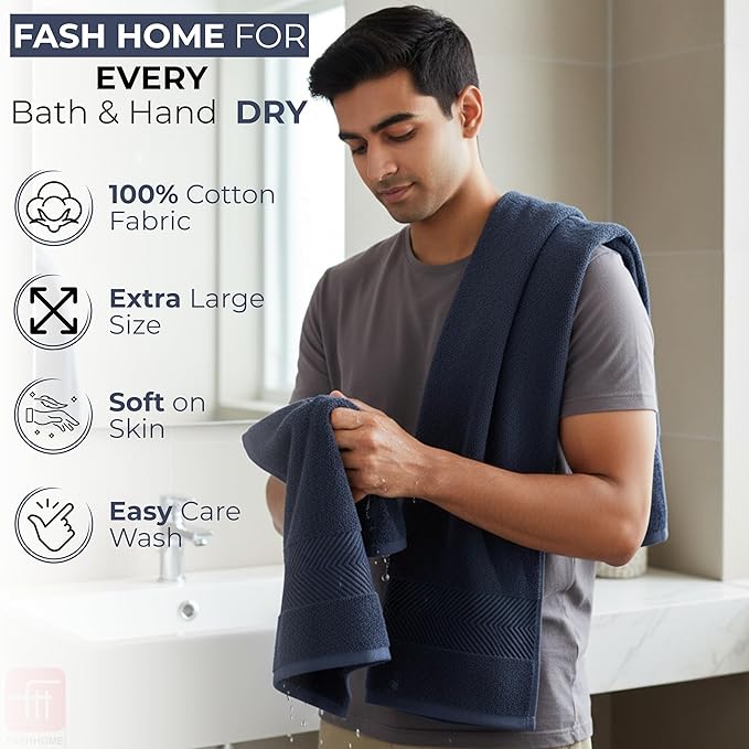 FASH HOME INTERNATIONAL 100% Cotton Super & Soft Towel Collection Set of 3 (Bath + Hand + Hand) 500 GSM Large Size (Navy Blue)