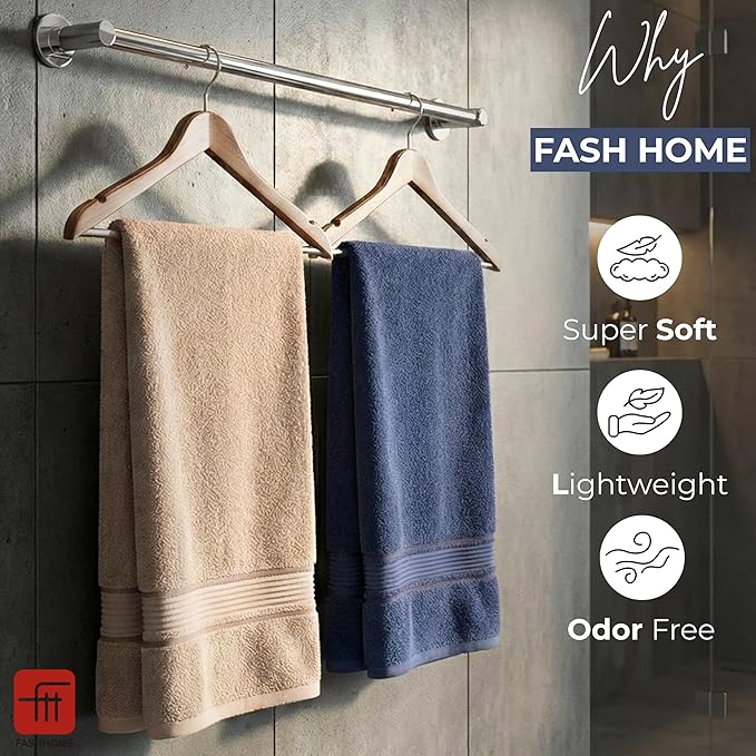 380 GSM 100% Cotton Highly Absorbent Light Weight Quick Dry Large Couple Bath Towel Set of 2(Navy Blue & Beige)