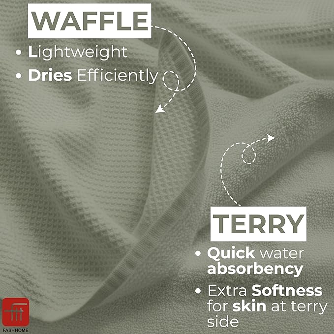 Fash Home Waffle Terry Fusion 2pc Bath Towel-75X150cm Full Large Size 100% Soft Cotton Super Luxurious | Quick Absorbent | Only for Premium Royal Elite Class Men/Women/Couples-OliveGreen+NaturalGrey