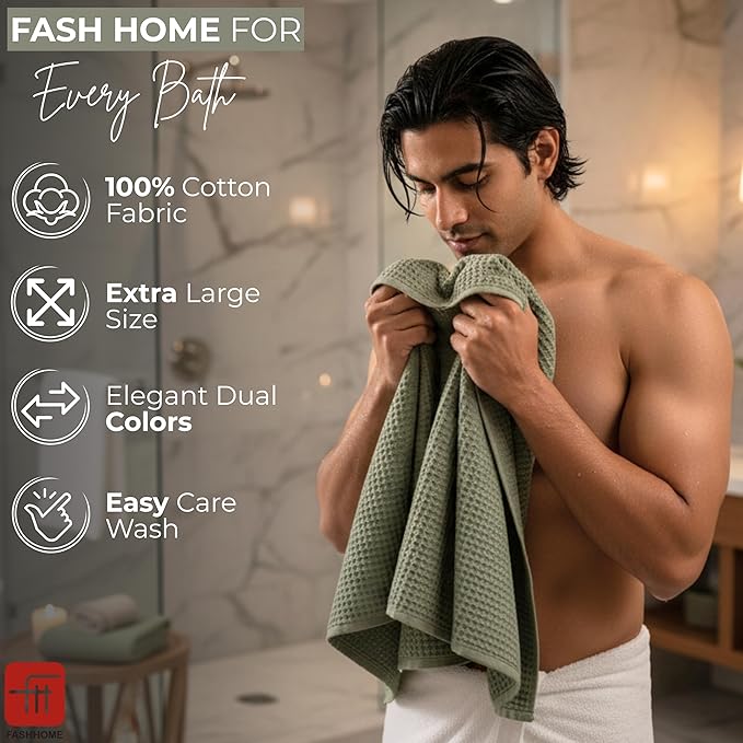 Fash Home Waffle Terry Fusion 2pc Bath Towel-75X150cm Full Large Size 100% Soft Cotton Super Luxurious | Quick Absorbent | Only for Premium Royal Elite Class Men/Women/Couples-Beige+White