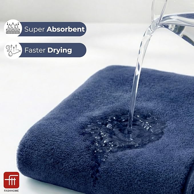 380 GSM 100% Cotton Highly Absorbent Light Weight Quick Dry Large Couple Bath Towel Set of 2(Navy Blue & Beige)