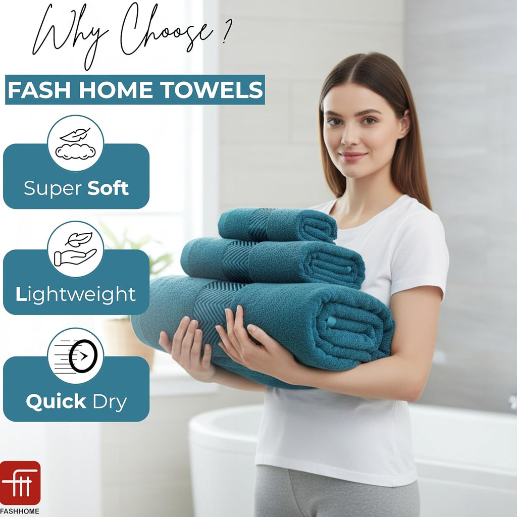 100% Cotton Super & Soft Towel Collection Set of 3 (Bath + Hand + Hand) 500 GSM Large Size (Teal)