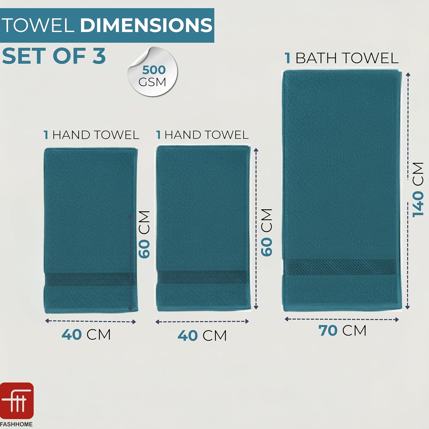 100% Cotton Super & Soft Towel Collection Set of 3 (Bath + Hand + Hand) 500 GSM Large Size (Teal)
