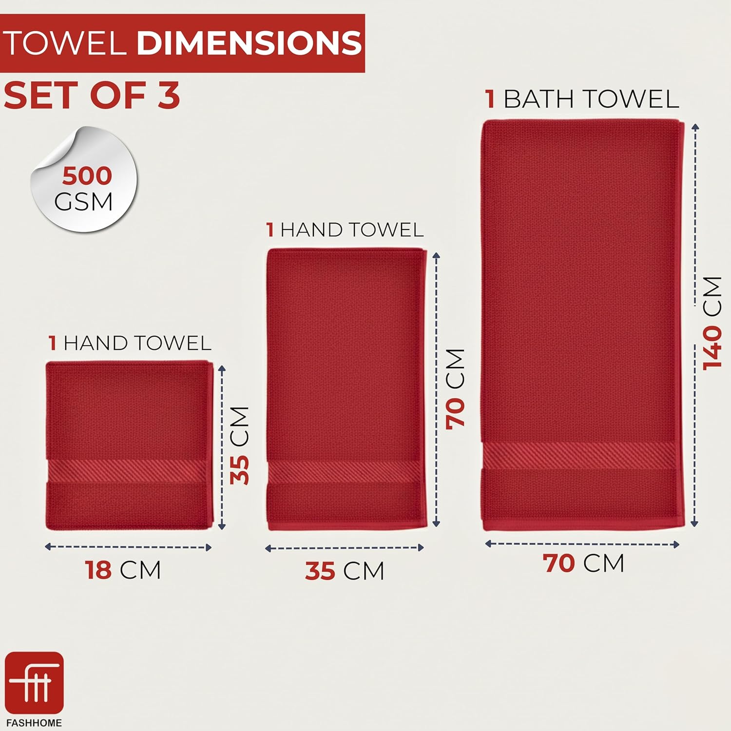 100% Cotton Super & Soft Towel Collection Set of 3 (Bath + Hand + Hand) 500 GSM Large Size (Maroon)