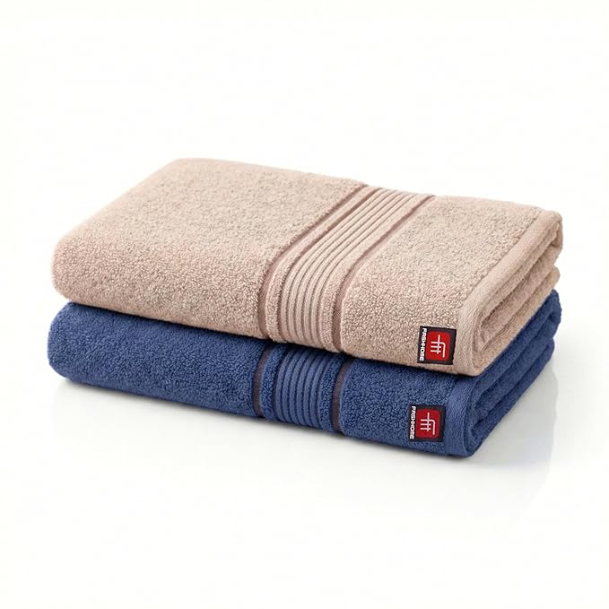 380 GSM 100% Cotton Highly Absorbent Light Weight Quick Dry Large Couple Bath Towel Set of 2(Navy Blue & Beige)
