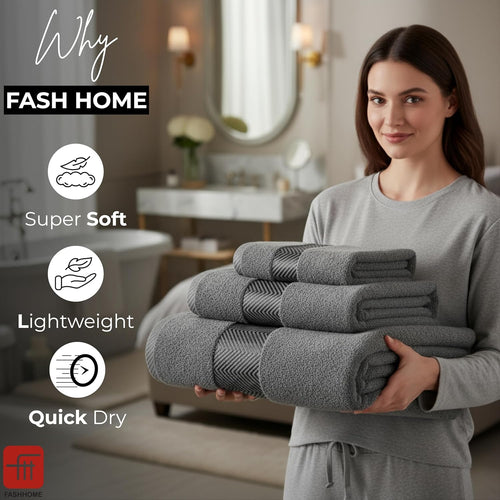 100% Cotton Super & Soft Towel Collection Set of 3 (Bath + Hand + Hand) 500 GSM Large Size (Grey)