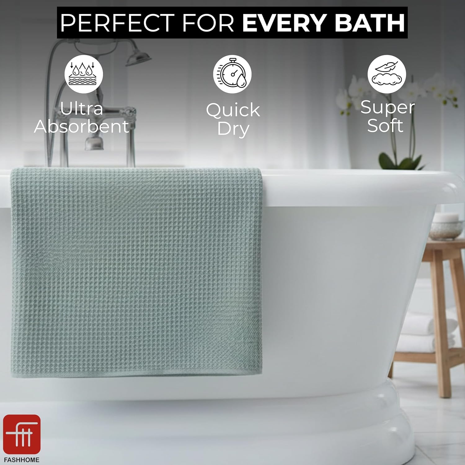 Fash Home Waffle Terry Fusion 4 pc Combo Bath Towel-75X150cm-Full Large Size 100% Soft Cotton Super Luxurious | Quick Absorbent | Only for Premium Royal Elite Class Men/Women/Couples