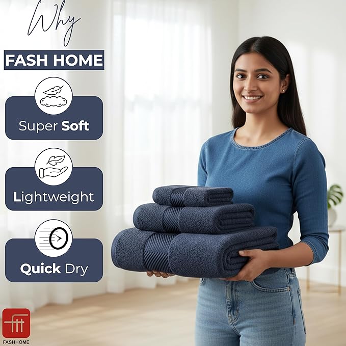 FASH HOME INTERNATIONAL 100% Cotton Super & Soft Towel Collection Set of 3 (Bath + Hand + Hand) 500 GSM Large Size (Navy Blue)