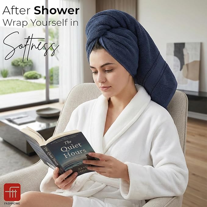 380 GSM 100% Cotton Highly Absorbent Light Weight Quick Dry Large Couple Bath Towel Set of 2(Navy Blue & Beige)
