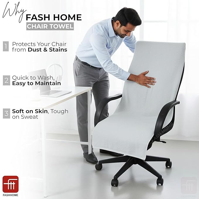 FASH Home Office Chair Towel | Luxury Car Seat Towel Cover | 100% Superfine Cotton | 550 GSM Large Size with Tie Knot | Silver White | Pack of 4