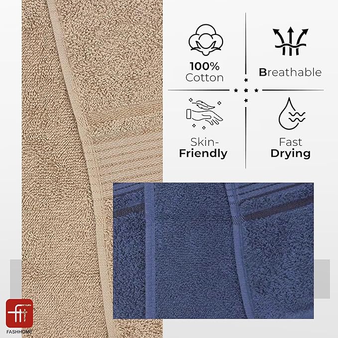 380 GSM 100% Cotton Highly Absorbent Light Weight Quick Dry Large Couple Bath Towel Set of 2(Navy Blue & Beige)