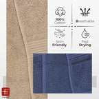 380 GSM 100% Cotton Highly Absorbent Light Weight Quick Dry Large Couple Bath Towel Set of 2(Navy Blue & Beige)