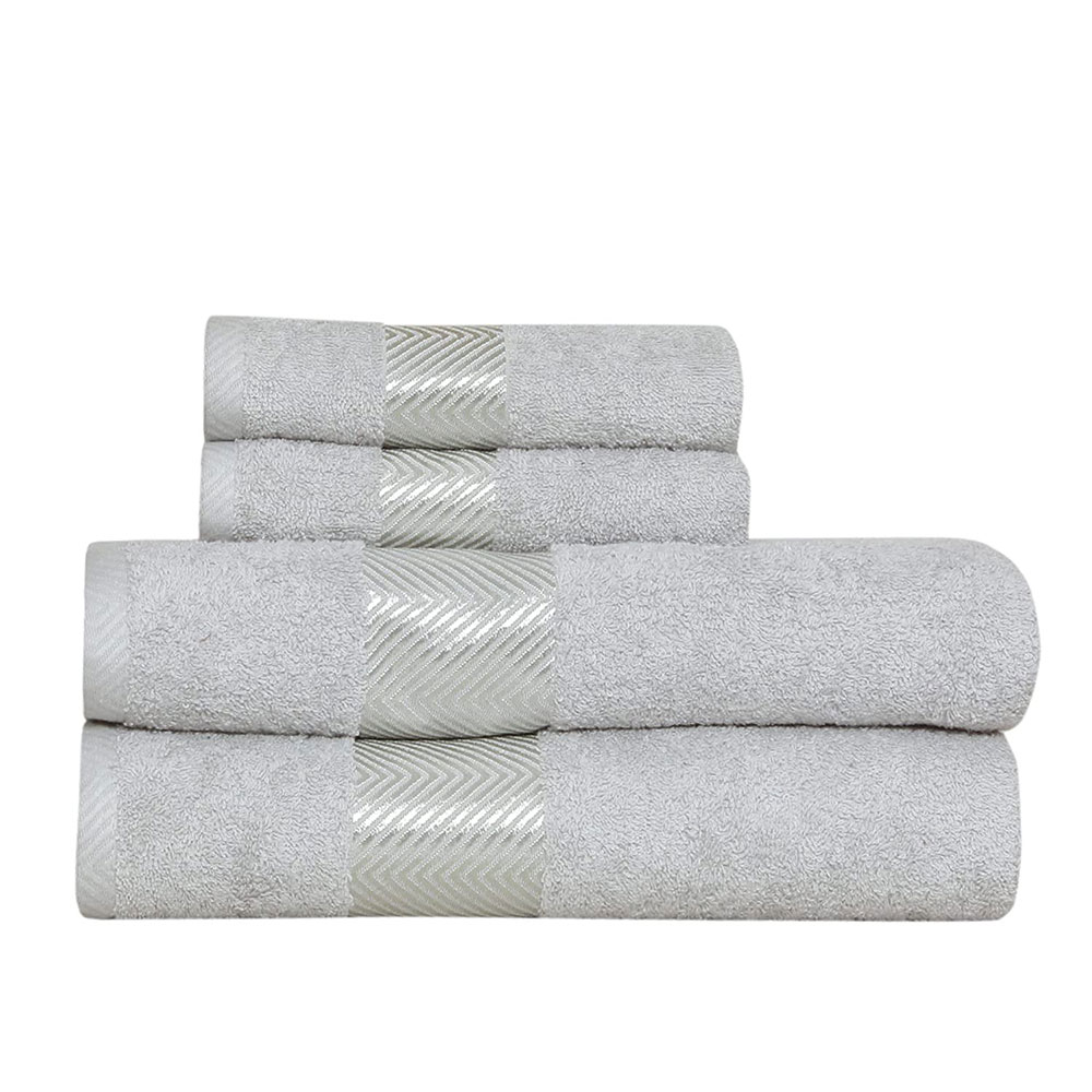 Fash Home International 100% Cotton Super Absorb & Soft Festive Celebration Towel Gift Box Set Of 4 (B+H) 500 GSM (Silver)
