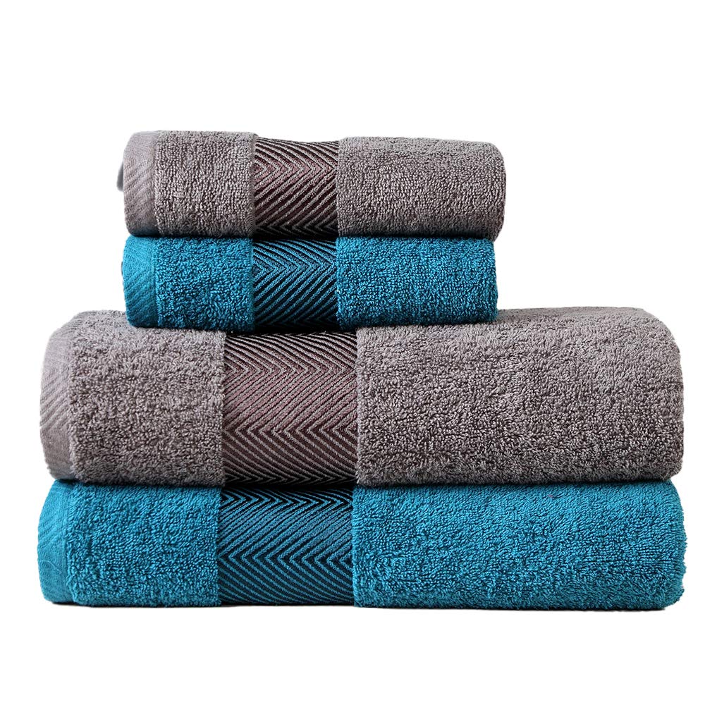 FASH HOME INTERNATIONAL 500 GSM 100% Cotton Highly Absorbent Super Luxury Large Couple Bath Towel Set and Hand Towel Set (Grey and Teal) Combo Pack of 2 Each