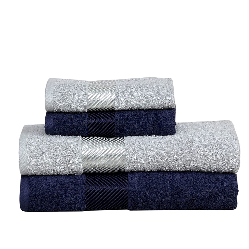 Fash Home International 100% Cotton Super Absorb & Soft Festive Celebration Towel Gift Box Set Of 4 (B+H) 500 GSM (Navy Blue & Silver)