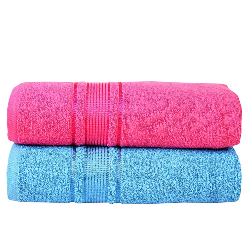 Fash Home International 380 GSM 100% Cotton Highly Absorbent Light Weight Quick Dry Large Couple Bath Towel Set Of 2 ( Hot Pink & Royal Blue )