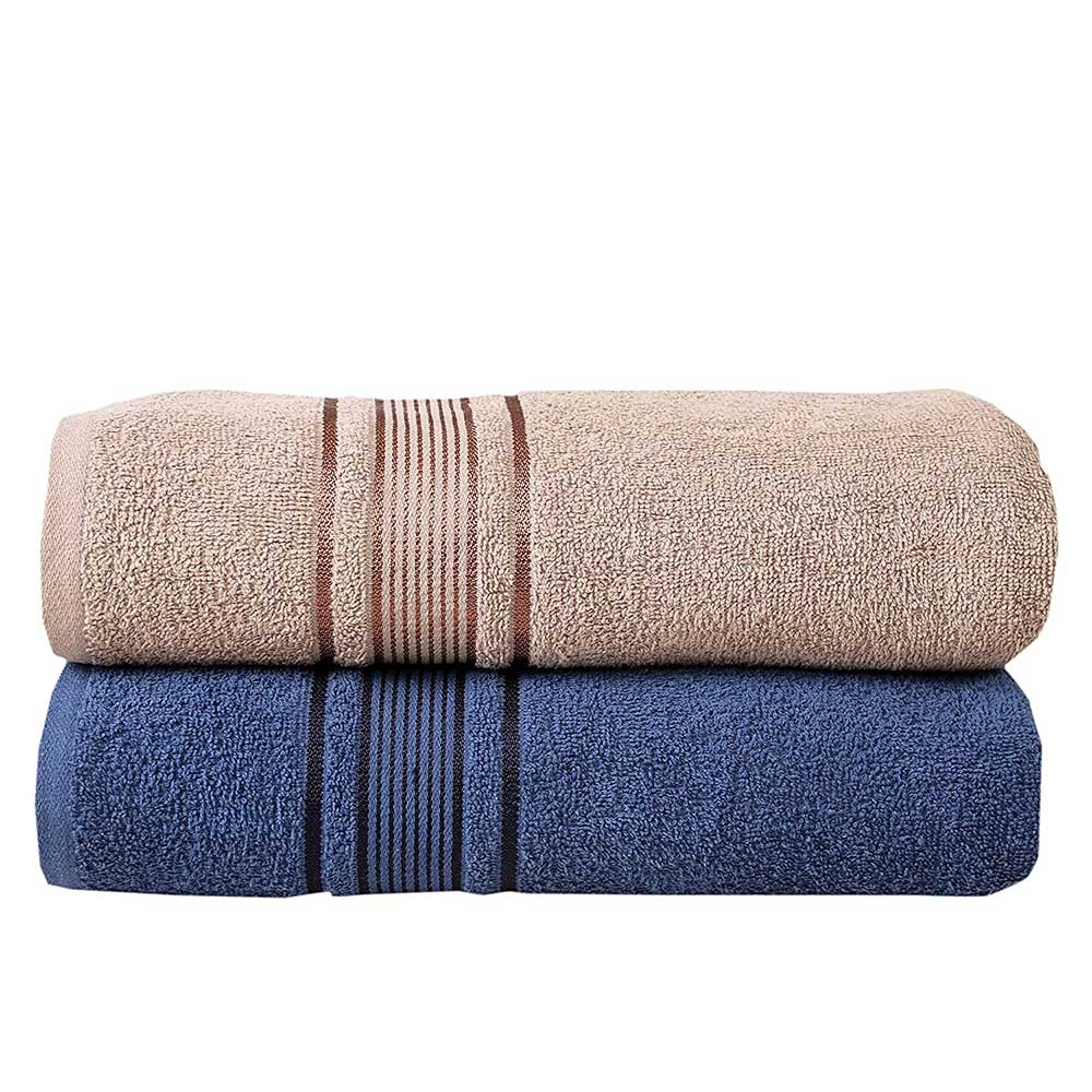   now Fash Home International 380 GSM 100% Cotton Highly Absorbent Light Weight Quick Dry Large Couple Bath Towel Set Of 2(Navy Blue & Beige)